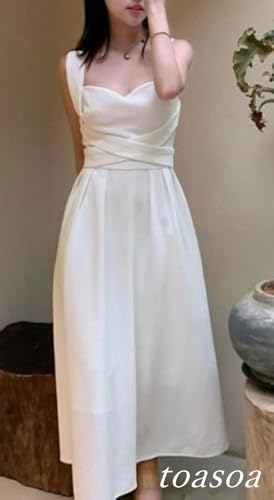 Toa Soa Women's White Knee-Length Flared Dress with Back Ribbon (L)