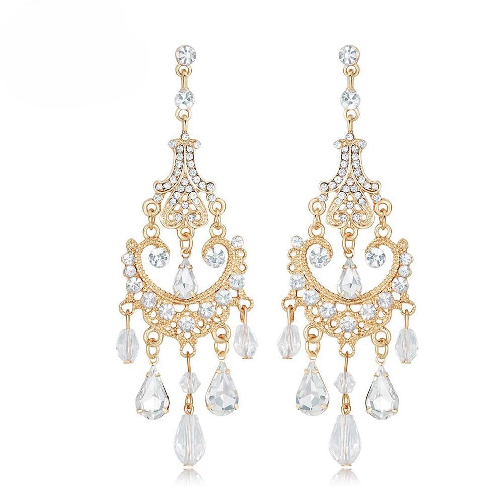Exaggerated Crystal Golden Long-style Bridal Earrings for Wedding Ceremony and Banquet Dress Accessories