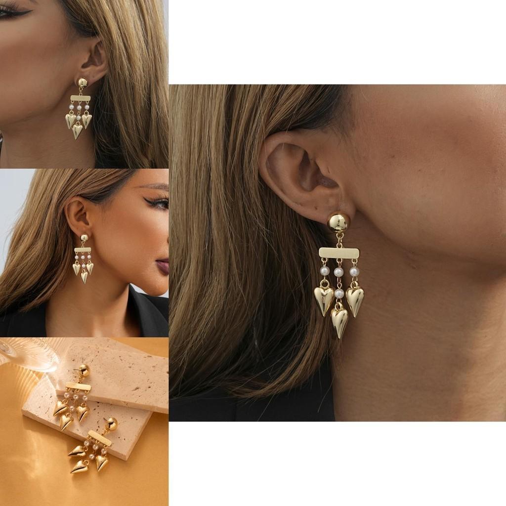 Fashionable Gold Geometric Heart Dangle Earrings With Faux Pearl For Ladies