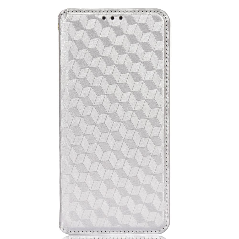 

For Blackview A80 Pro/A80 Plus Anti-scratch Smartphone Cover Imprinted Rhombus Pattern Phone Stand PU Leather Protective Phone Case Silver