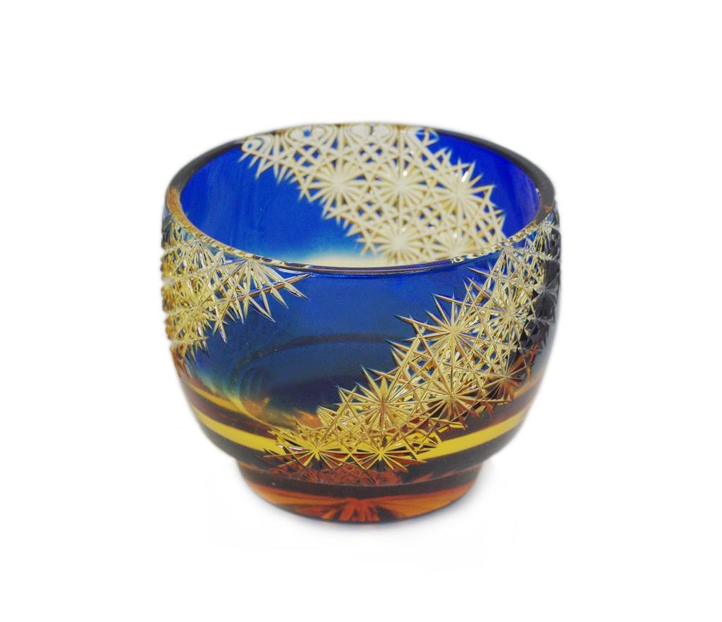 Oba Glass Sake Set in Wooden Box Amber x Traditional Craft Sake Cup [Shining Cosmos/Lapid / Approx. 6.0cm 5.0cm High] (Ochoko) (Celebration Gift)