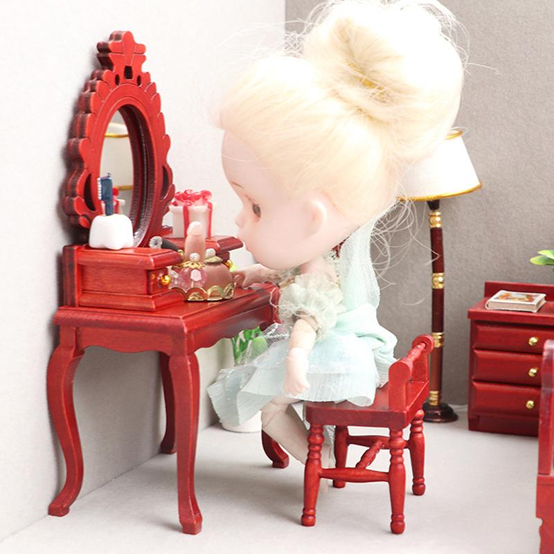 1:12 Dollhouse Miniature Wooden Makeup Dressing Table With Stool Dressing Cabinet Storage Cabinet Dolls Bedroom Bathroom Furniture Decor