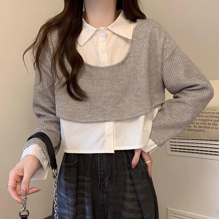 Women's French Chic Knit Sweater: Two-Piece Illusion, Shirt Collar, and Long Sleeves for Autumn/Winter
