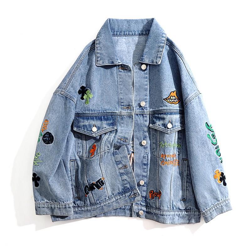 

Нове джинсове пальто важкої промисловості з вишивкою для жіночої вільної модної джинсової сорочки великого розміру в Instagram L молодіжний синього кольору