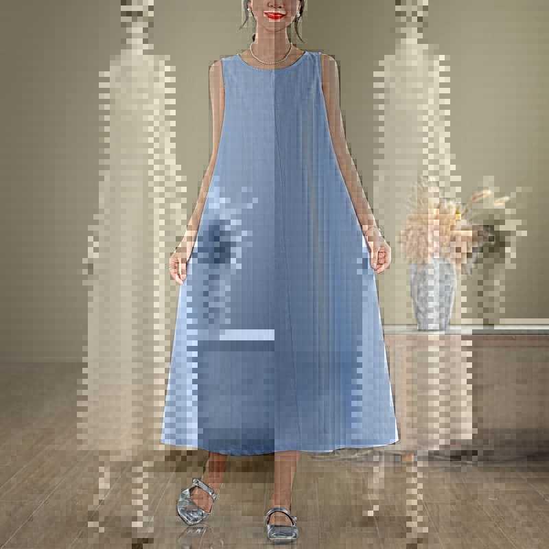 

2024 Light Blue Linen Midi Plus Size Women s Vest Dress - French Casual Style Extra Large