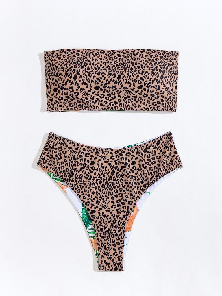 2024 Summer Double-Sided Print Bandeau High Waist Backless Bikini Swimsuit