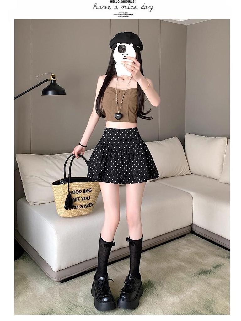 Women's Elegant Black Polka Dot A-Line Chiffon Skirt - Petite, High-Waisted, Summer Skirt Pants