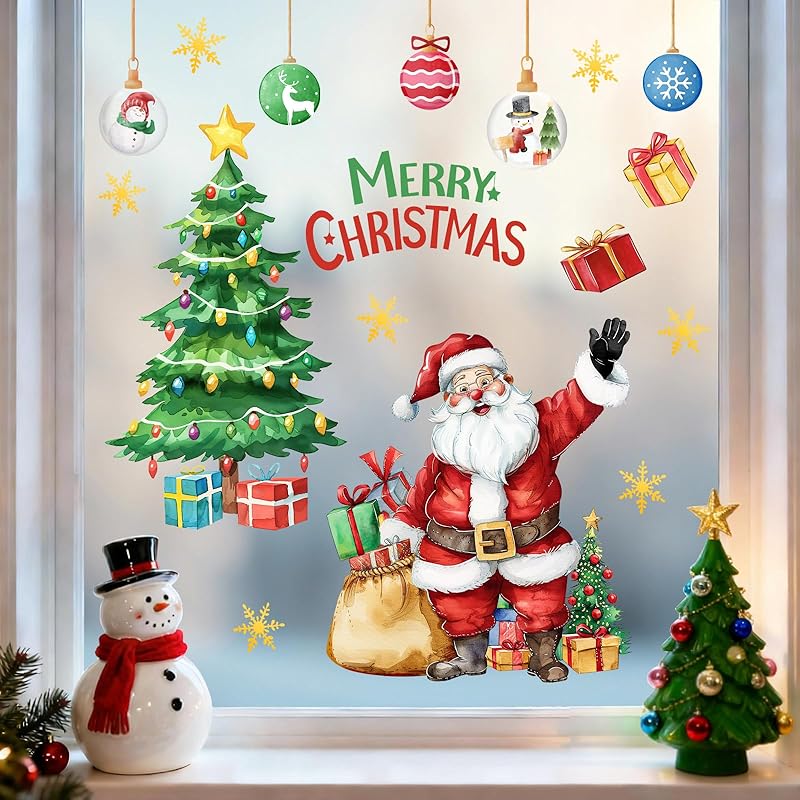 Mfault Merry Christmas Santa Claus Window Clings, Xmas Tree Gifts Ball Gold Snowflake Stickers Decals Decorations, Winter Holiday Home Kitchen Decor Christmas Santa