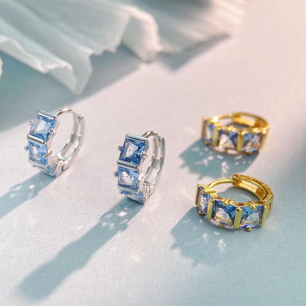 18K Gold-Plated S925 Sterling Silver Earrings, Geometric Blue Zirconia, Retro Versatile Design