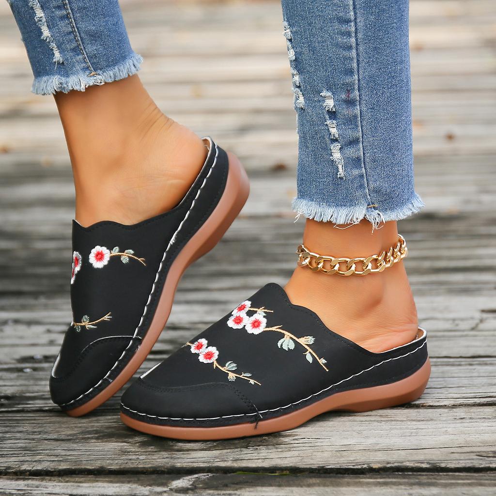 Fashion National style flower Baotou slippers women's shoes large size round head foreign trade wedges fashion wear half slippers