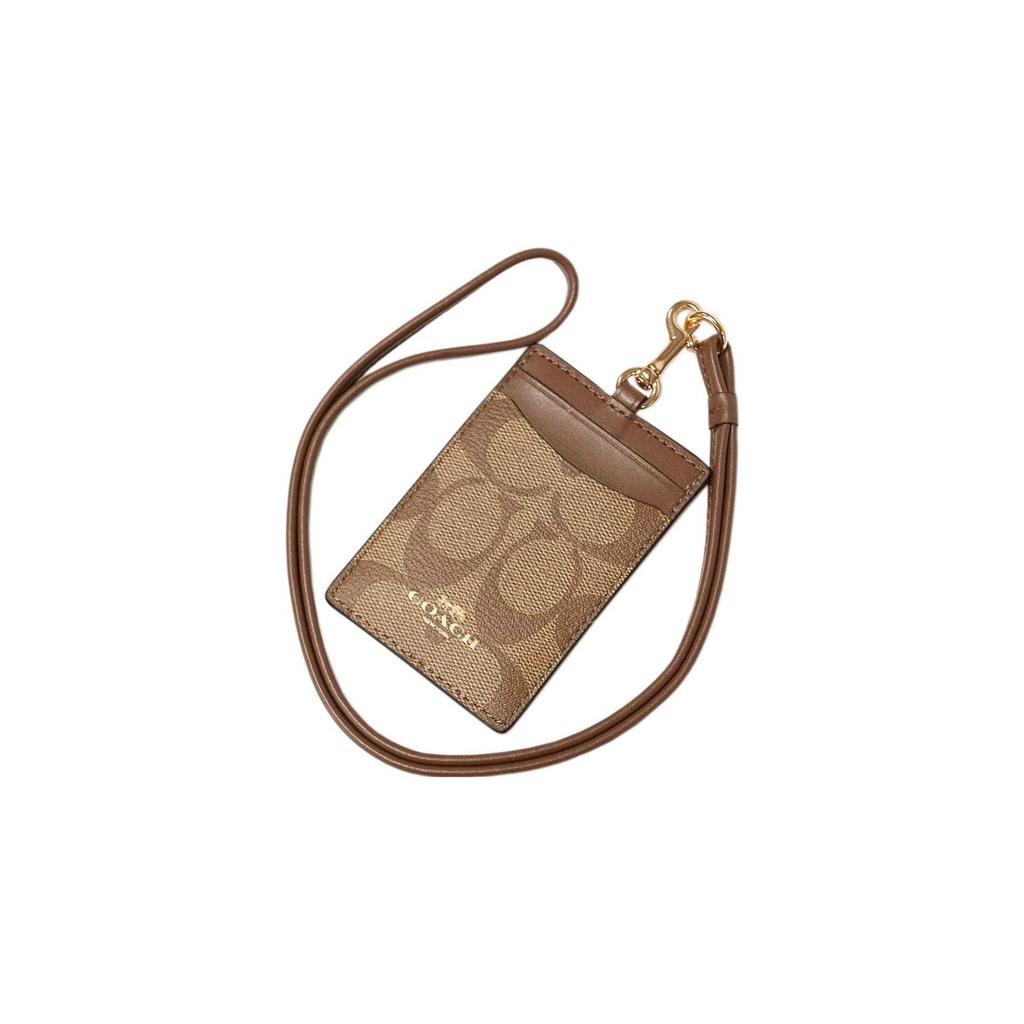 Coach Lanyard 7 Monogram Coated Canvas And Leather Necklace Bag Card Holder Clutch Women bags Khaki Brown 63274-IME74
