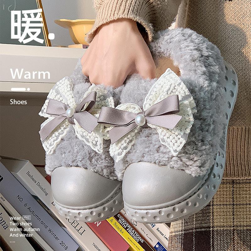 Winter neu Spitze Schleife Samt verdickt warm Baumwolle Hausschuh Baumwollpantoffeln