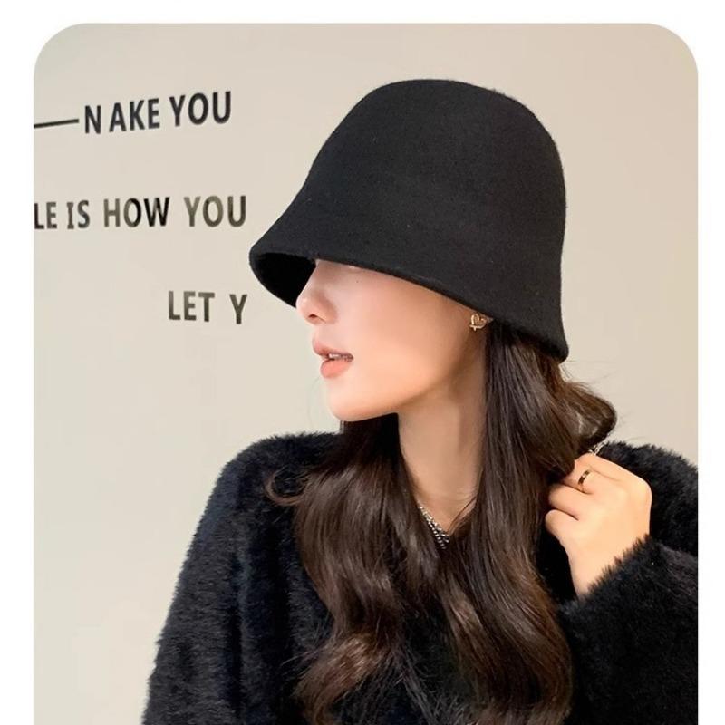 Premium sense bucket hat autumn and winter women's new wool hat winter warm basin hat show face small bucket hat