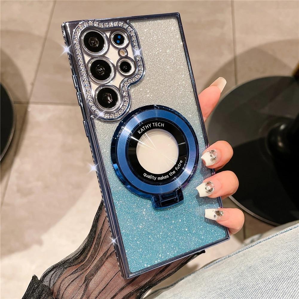 Plating Gradient Glitter Diamond Stand Holder Magnetic Case For Samsung S24 S23 Ultra S22 Plus/iphone 15 14 13 12 11 Pro Max Magsafe Protection Cover