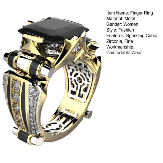 Women Ring Faux Square Crystal Two-tone Vintage Cool Punk Gift Hollow Bling Cubic Zirconia
