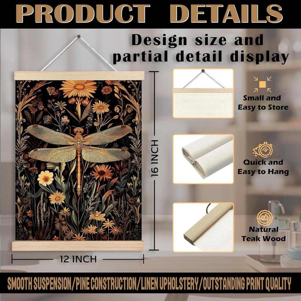 FITIE Vintage Moody Floral Dragonfly Canvas Wall Art Poster, Retro William Morris pired Cottagecore Flower Botanical Dragonfly Wall Decor Prints for