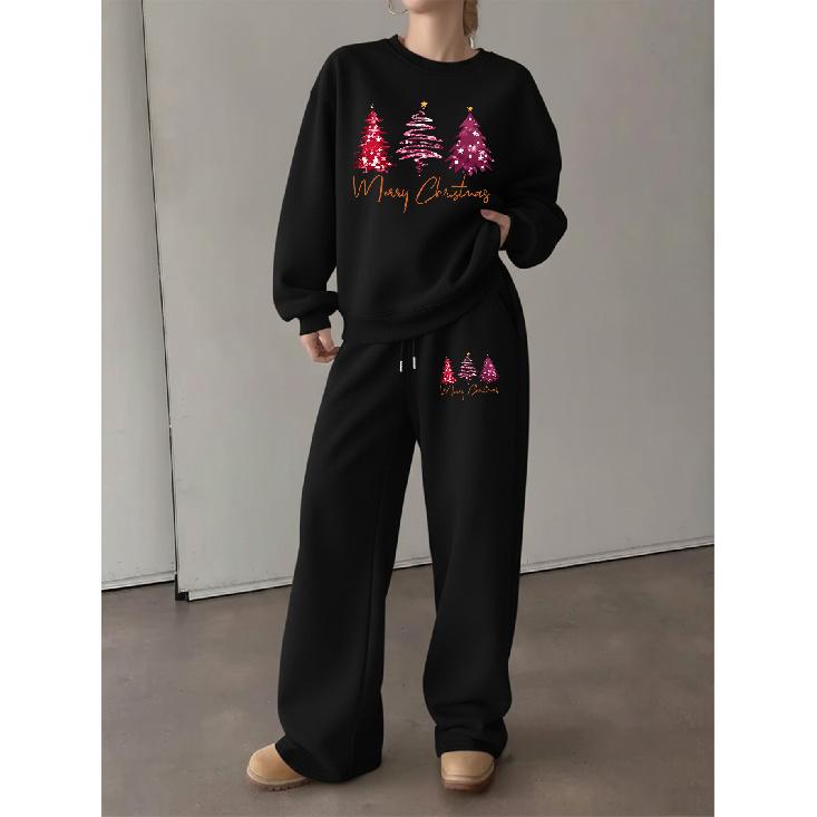 Women's Crewneck Sweatshirt & Drawstring Straight-Leg Pants 2-Piece Set, Christmas Print Sweatshirt & Wide-Leg Pants Lounge Set – Cozy