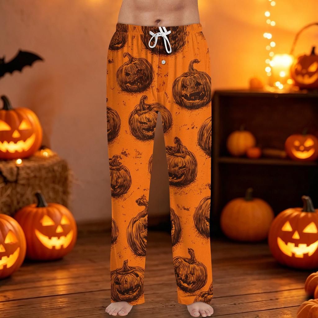 Men Drawstring Waist Halloween Print Casual Pants Relaxed Fit Long Trousers with Pumpkin and Bat Pattern for Daily Wear