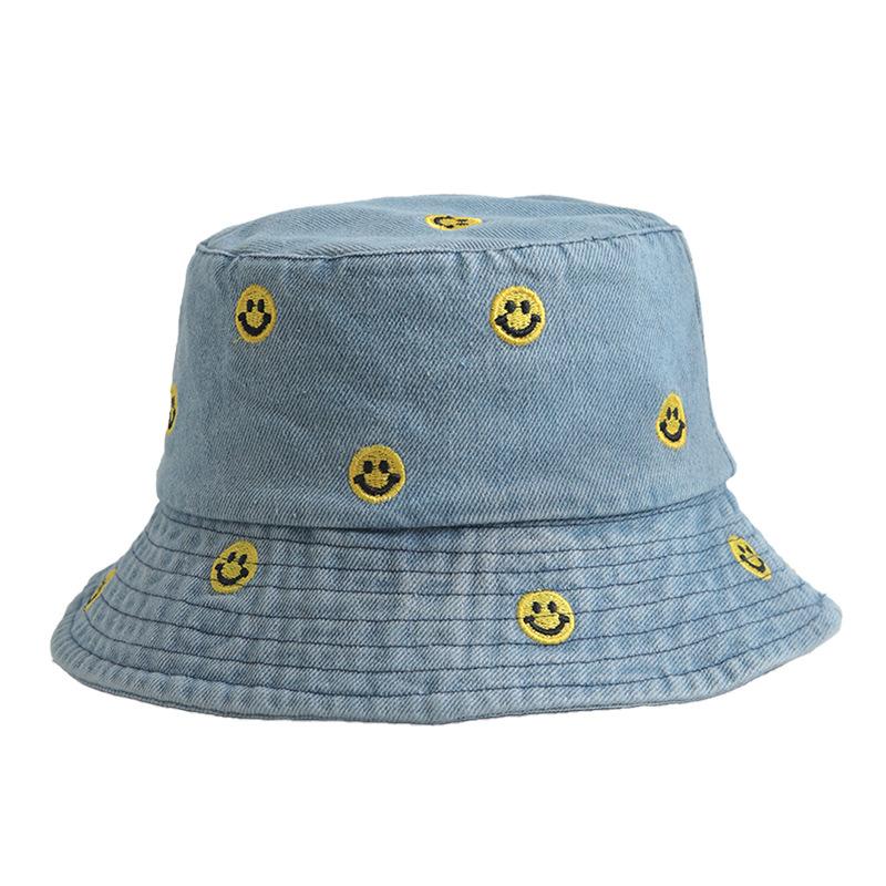 Simple smiley face embroidered denim bucket hat female Harajuku retro basin hat spring and summer sun protection visor male