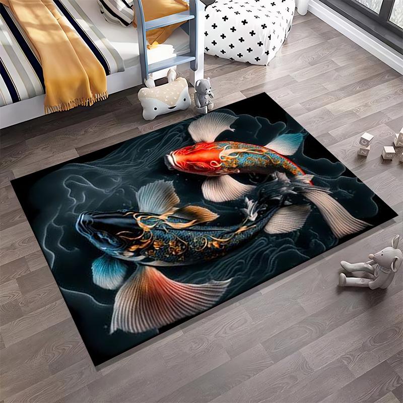 Colorful Koi Fish Design Carpet with Artistic Fluid Patterns Black Suitable for use as an anti-slip for living room bedroom sofas