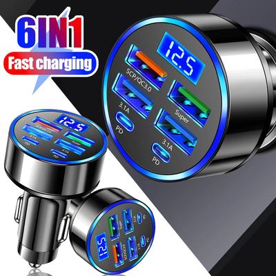 Încărcător auto cu 6 porturi USB C, încărcător auto pentru telefon, adaptor de alimentare tip C PD, încărcare rapidă pentru iPhone, Samsung, Xiaomi, QC 3.0