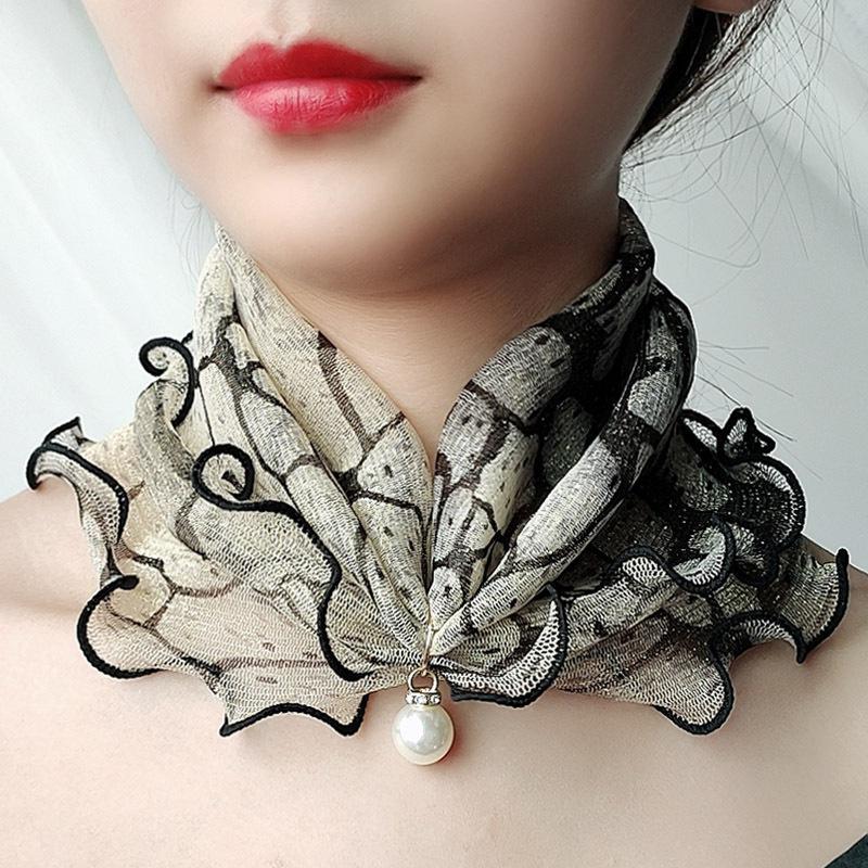 Fake Pearl Pendant Organza Neck Collar Chiffon Scarves Lace Pearls Scarf Fashion Print Shiny Variety Scarf Clothing Accessories