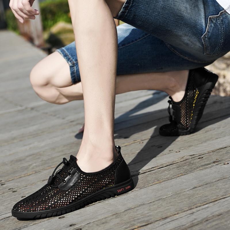 Fashion Summer Handcrafted Men Casual Mesh Shoes Hollow Out Leather Sneaker Jogging Shoes Outdoor Breathable Male Walking Driving Shoes