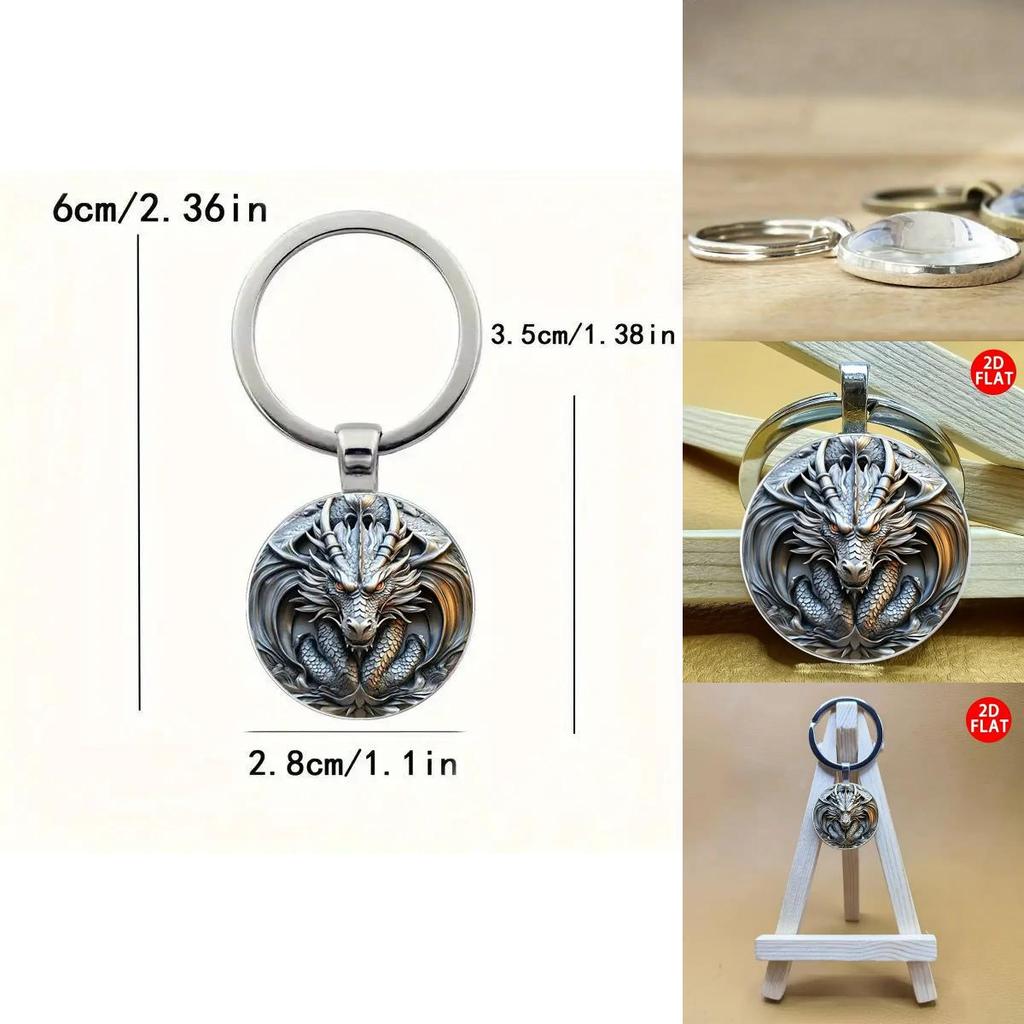 Silver Dragon Head Keyring Alloy Circular Souvenir For Special Occasions And Gifts