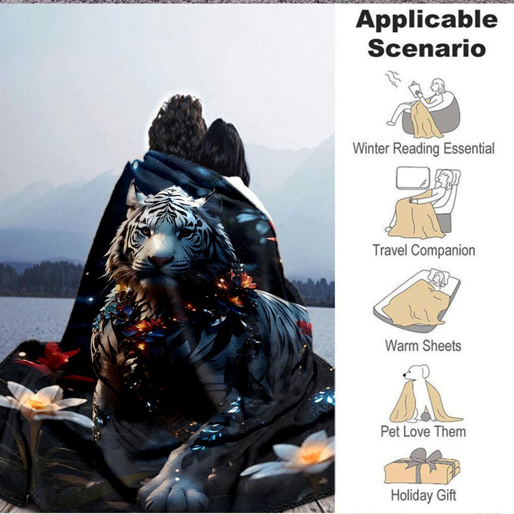 1pc White Tiger Print Blanket Lightweight Flannel Blanket Throw Blanket For Sofa, Bed, Travel, Camping, Livingroom, Couch, Chair, And Bed yy2509026222