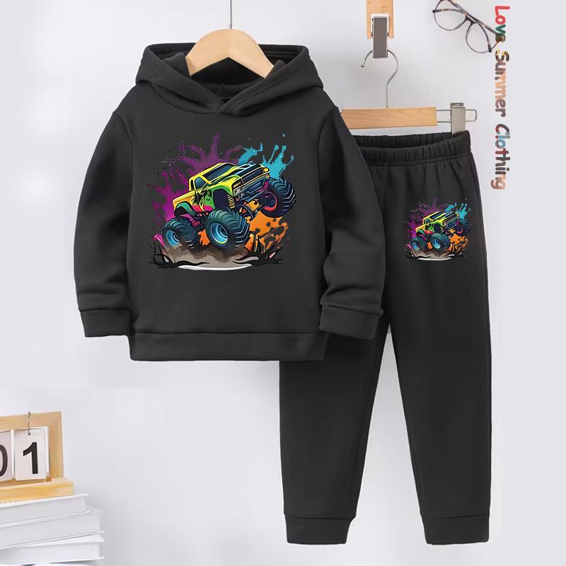 2pcs Boys Hoodie Set Motorcycle Excavator Road Car Thermal Long Sleeve Sporty Pants Hoodie Set Gift Ideal Daily Outdoor Wear