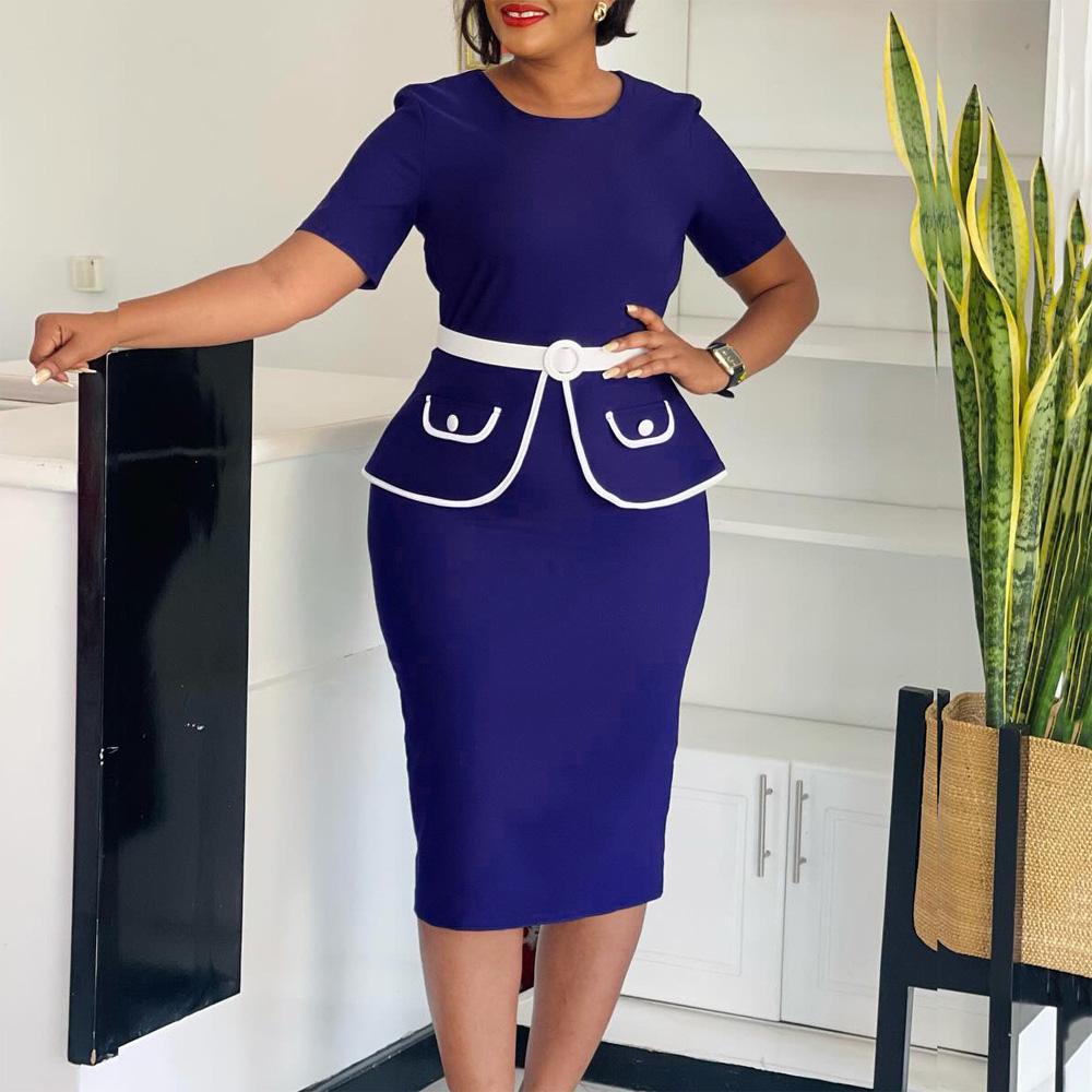 O Neck Short Sleeve Dress Elegant Bodycon Dresses Women Solid Belt Waisted Package Hips Mid Calf Professional Business Work Dress