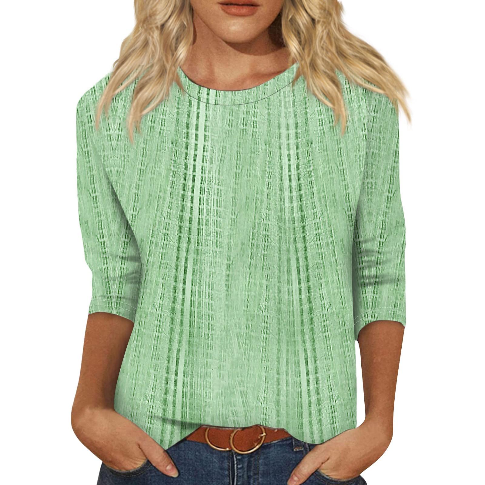 

Женская мода повседневная три четверти рукав текстурированный принт круглый вырез топ XL зелёный