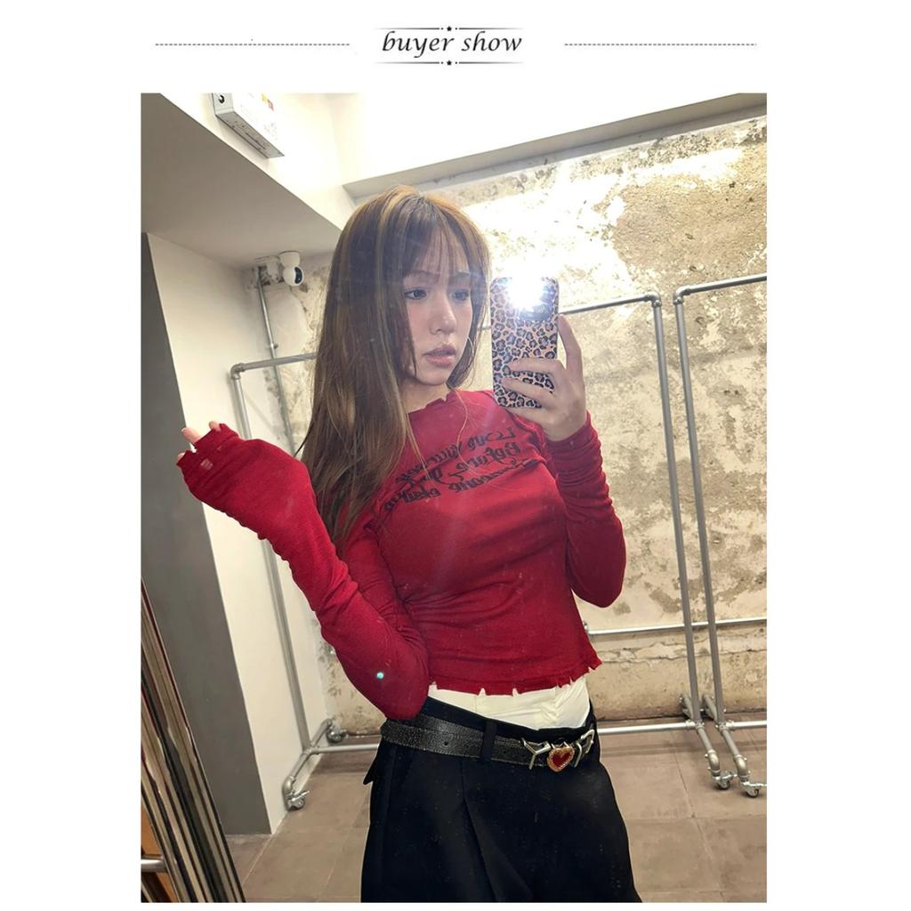 Grunge Aesthetics Letter Print T-shirt Trashy 2000s Style Long Sleeve Red T Shirt Japanese Y2k Distressed Tops American