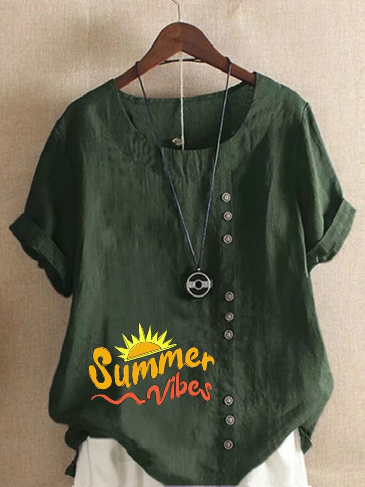 Women's Fashion Letter Print Round Neck Short Sleeve T-shirt Casual Cotton Linen Graphic Shirt Leisure Loose Summer Blouse Tops