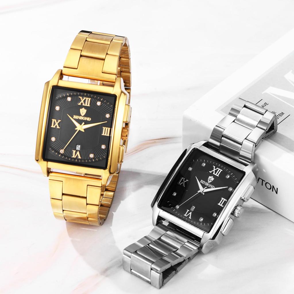Square Gold Watch with Roman Luminous 3ATM Water Stainless Steel Quartz Casual and Stylish Fashion Accessory Perfect Gift for Day Men's Calendar