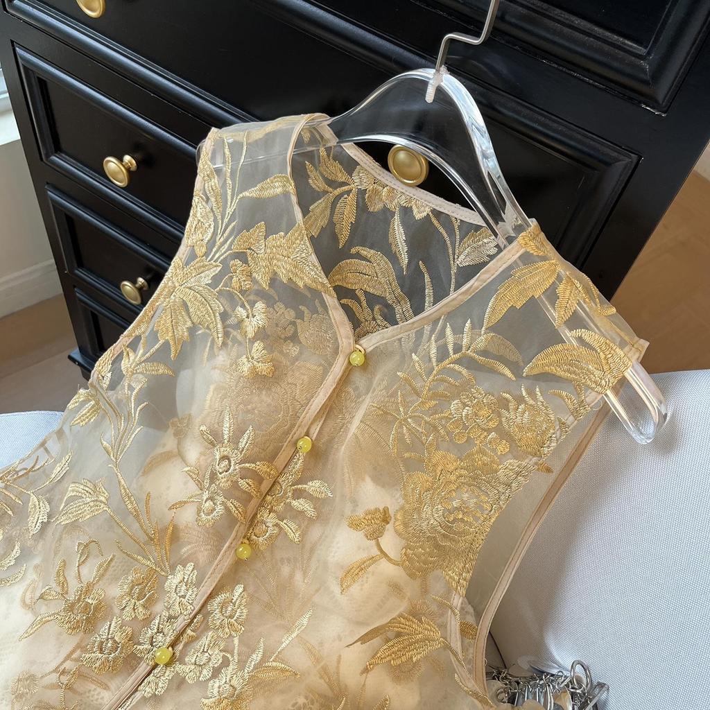 6615 gauze embroidered mesh vest women's summer retro loose thin temperament vest vest