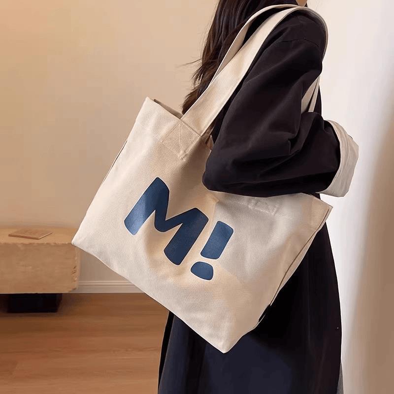 Beige Canvas Tote Bag With Cute Letter Print Large Capacity For Commute School Work Shopping