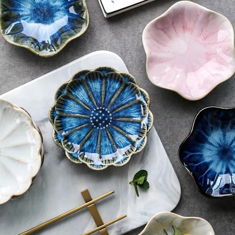 Keramický talíř Retro Kiln Glaze Japonská omáčka Víceúčelový úložný tác Mini namáčení Sashimi Sushi Sójové misky Domácí svačinový talíř