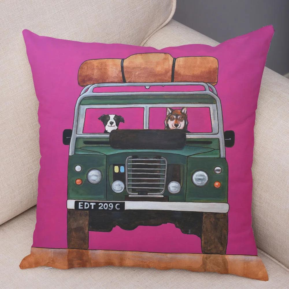 Colorful Cartoon Driving Bus Dog Cute Pet Print Cushion Cover for Home Living Room Sofa Car Decoration Pillowcase