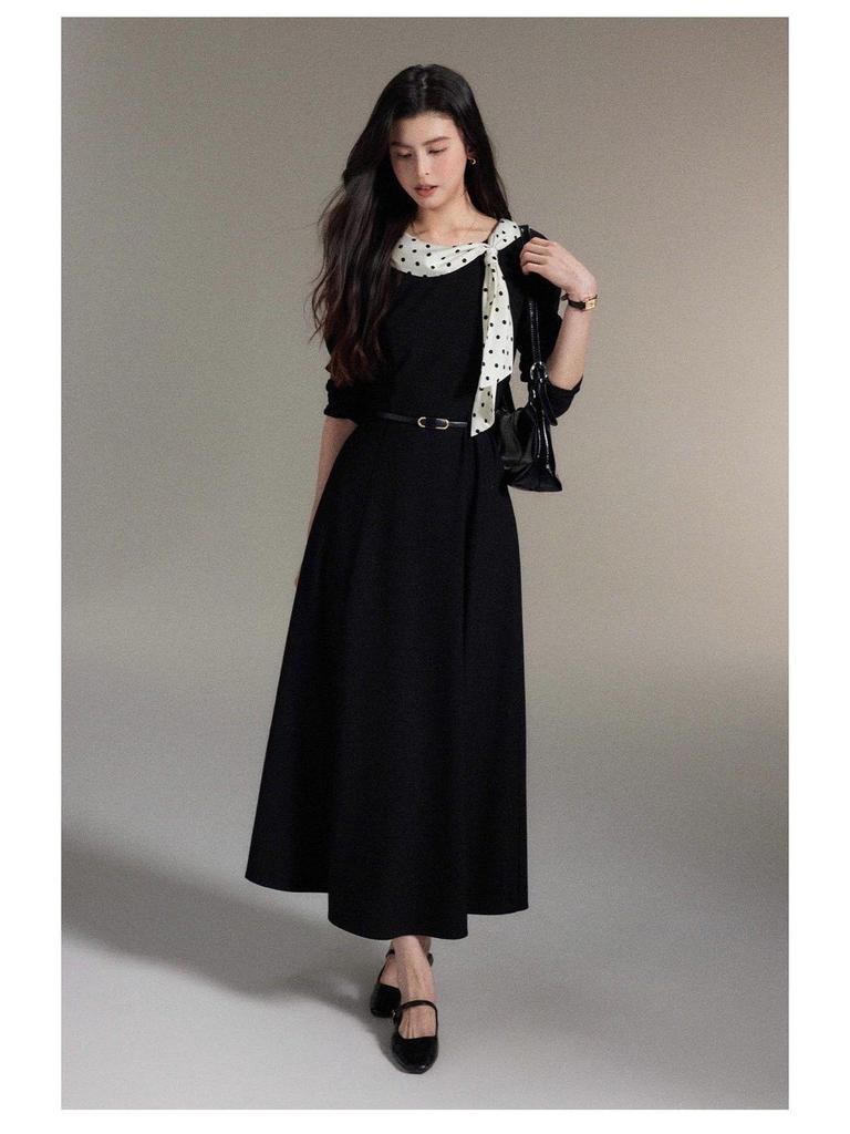 Nanyi French-Inspired Polka Dot Black Dress: Elegant Flowy Collar, Waist-Cinched Skirt for Women