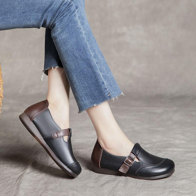 Johnature Round Toe Soft Soled Flat Shoes Casual Genuine Leather Loafers Versatile Women's Slip-on Shoes