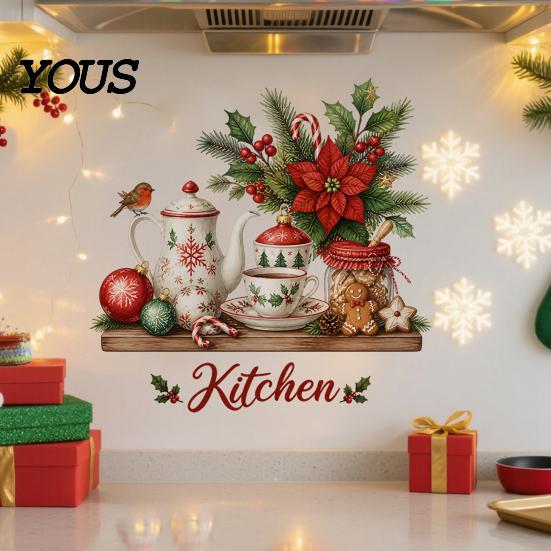 Murale Impermeabile per Zona Fornelli Stoviglie di Natale Adesivi Utensili, Teiera Tazza Palline Fiori Decalcomania, Decorazione Festiva Retro Rimovibile Peel