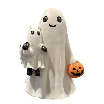 Halloween Themed Ghostly Holding Cats and Pumpkin Statue Resins Handmade Home Accent Creative Tabletop Ornament Decoration