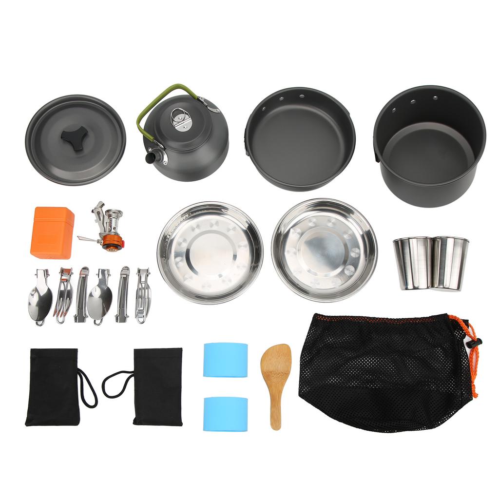 Kempingowy Zestaw Naczyń z Lekkim Garnkiem, Kuchenką, Sporkiem i Siatkową Torbą do Przenoszenia na Backpacking, Kemping na Świeżym Powietrzu, Wędrówki