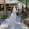 Premium gray diagonal neck off-the-shoulder dress, summer drape niche design polka dot waist slim temperament dress