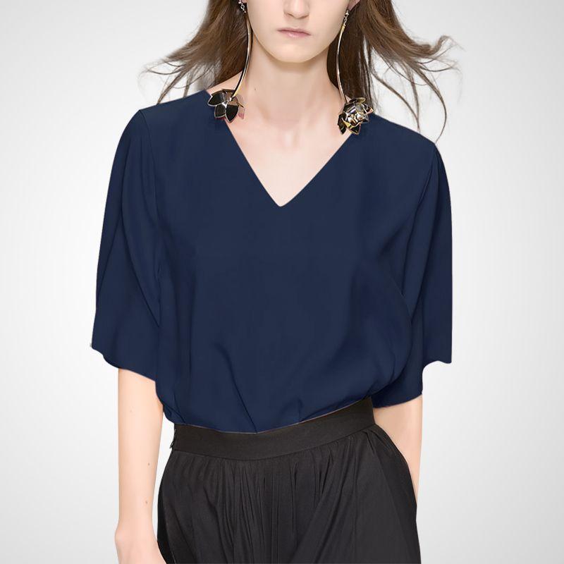 

Классная Минималистичная Легче всего сочетать Утягивающая V-образный вырез Футболка с коротким рукавом 2025 Лето Новое поступление Модная Элегантная Свободная Повседневная Топ Navy blue 2XL