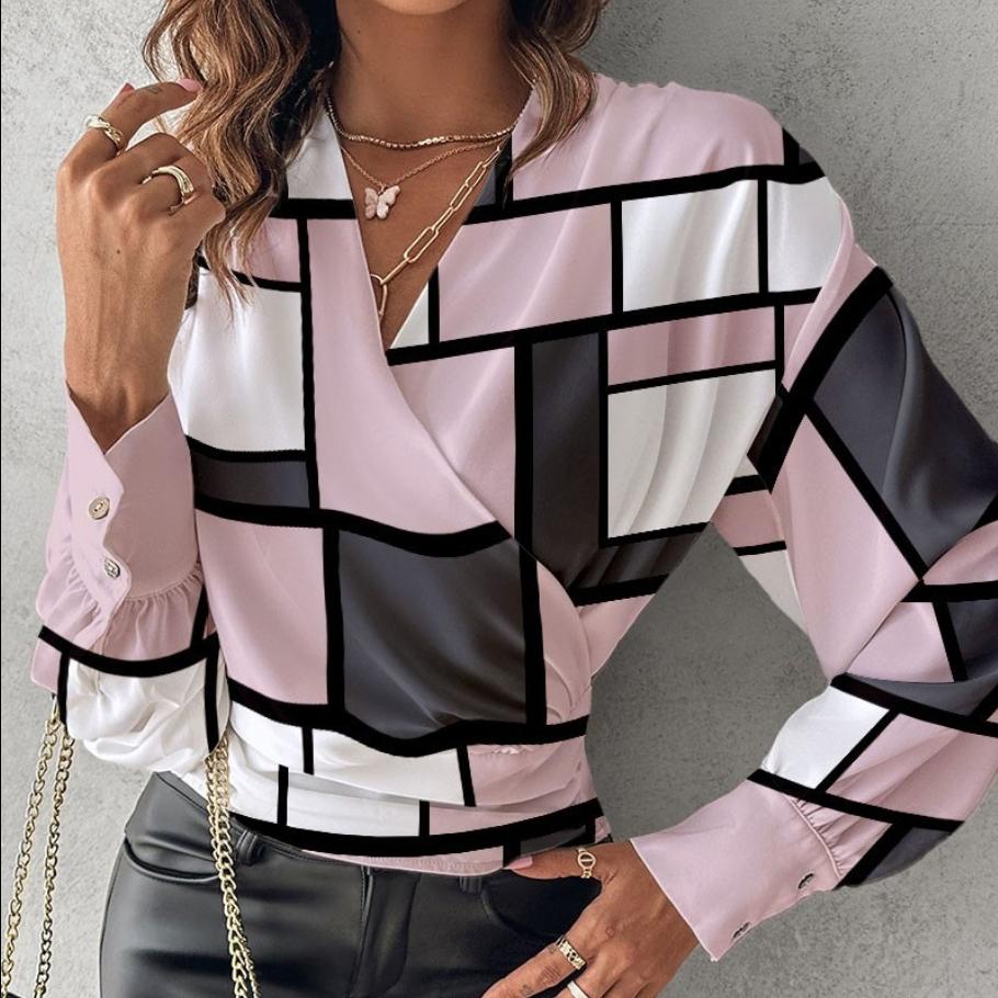 YYFS Women's Fashion Casual Fall Solid Color Print Long Sleeve V-Neck Blouses & Shirts Pullovers