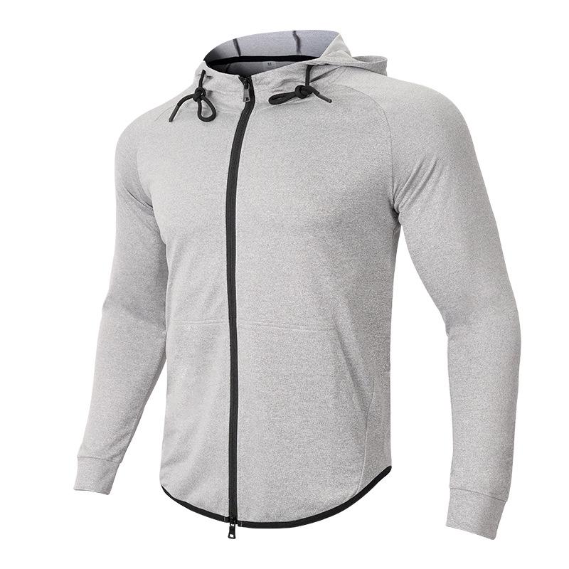 

Мужская осенняя спортивная куртка с капюшоном приталенного кроя - Черный эластичный кардиган для фитнеса и бега XXXL светло-серый