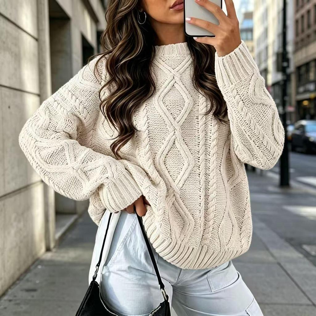 Autumn/Winter Women's Trendy Loose Knitwear: Solid Color Round Neck Cable Knit Sweater