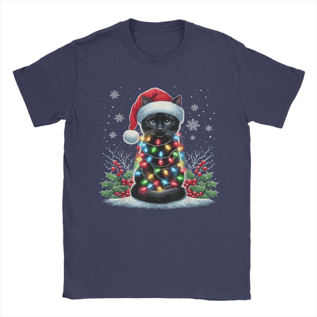 Black Cat Christmas Santa Hat Funny Meowy Cat T-Shirt Man Streetwear T-Shirts O Neck Tee Shirt Hot Sale Oversized Clothing